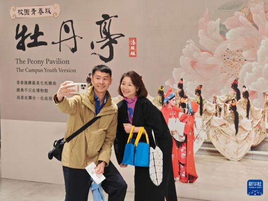 1月15日晚,由大陆青年学生演绎的校园青春版《牡丹亭》在台北城市舞台首度与台湾观众相见。演出开始前,观众在入口处的展板前留影。新华社记者 王承昊 摄